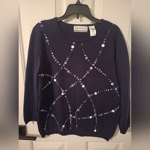Alfred Dunner Petite Medium Navy Sweater with Colorful Beading on Front